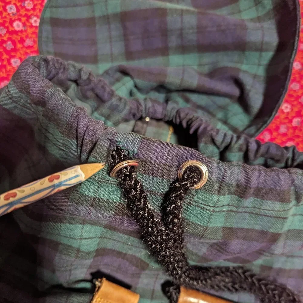Vintage 90's Disney Mickey Mouse Plaid Backpack Cabincore‎ Leather Drawstring